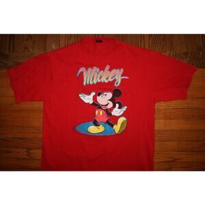 Vintage 90s Mickey Script Disney Mickey Mouse Red Large TShirt Rare Screen Print